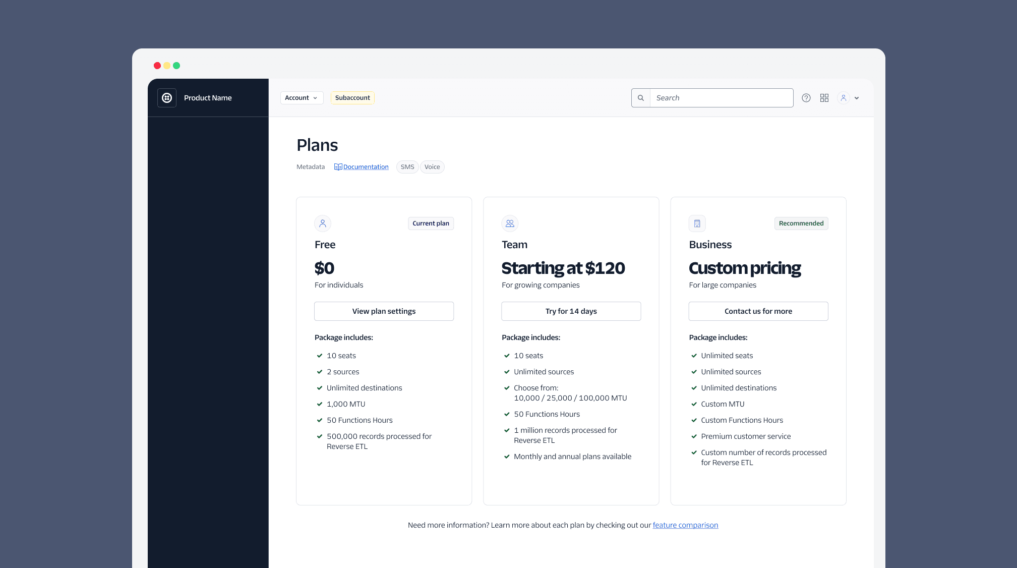 Screenshot of a Pricing pattern cards example